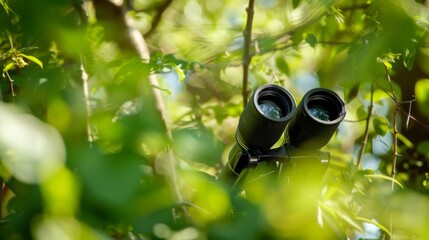 Poster - An immersive birdwatching adventure in a secluded bird sanctuary, Binoculars set up for observing various bird species, Naturalist exploration style