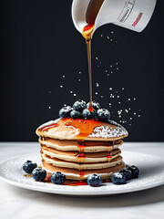 Poster - Pancakes with syrup sprinkled with fresh blueberries and powdered sugar on a white plate