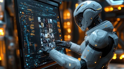 Poster - An android edits visuals on a large holographic display in a futuristic workspace at night