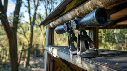 Poster - An immersive birdwatching experience in a natural reserve, Binoculars set up for birdwatching in a bird hide, Naturalist exploration style