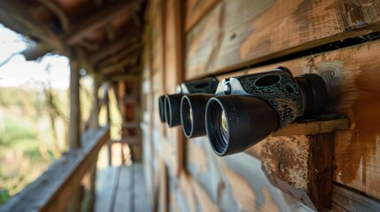 Poster - An immersive birdwatching experience in a nature reserve, Binoculars set up for birdwatching in a bird hide, Naturalist exploration style