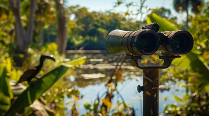 Poster - An immersive birdwatching experience in a secluded bird sanctuary, Binoculars set up for observing rare bird species, Naturalist exploration style