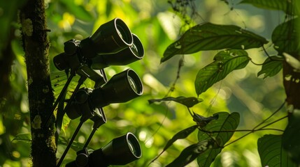 Poster - An immersive birdwatching experience in a secluded bird sanctuary, Binoculars set up for observing rare bird species, Naturalist exploration style