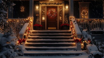 Poster - Snowy Front Porch with Christmas Decorations and Lights