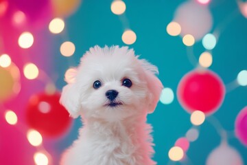 Wall Mural - A fluffy bichon puppy surrounded by colorful party decor and bright lights creating a joyful celebration atmosphere