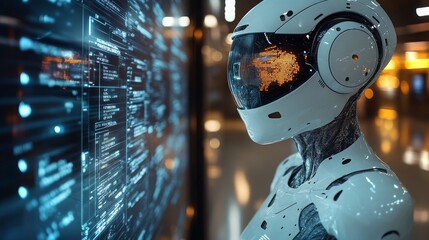 Poster - An android interacts with a high-tech smart mirror in a futuristic environment