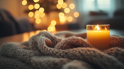close-up of an empty table, softly blurred background featuring cozy holiday items like knitted blan
