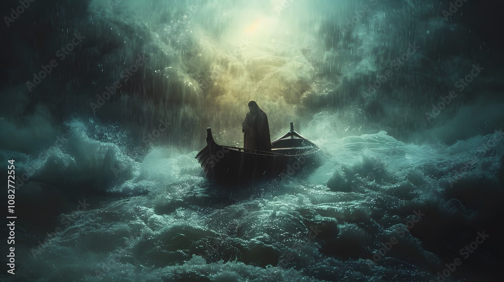 Problem Jesue Ilustracja bez tantiem: Jesus in a small boat, standing amidst the ...