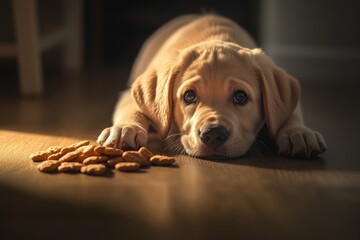 Wall Mural - A curious Labrador puppy lying on a wooden floor in warm light next to tasty treats