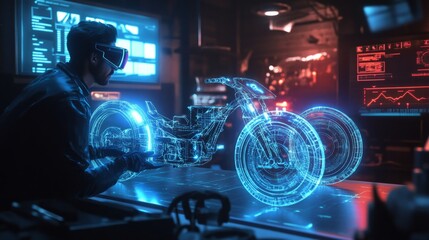 Wall Mural - A futuristic workshop scene where a technician wearing VR glasses is examining an electric tricycle using augmented reality. The tricycle is projected, AI Generative