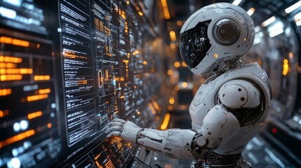 Poster - an android conducting a final maintenance check in a futuristic control room during evening hours