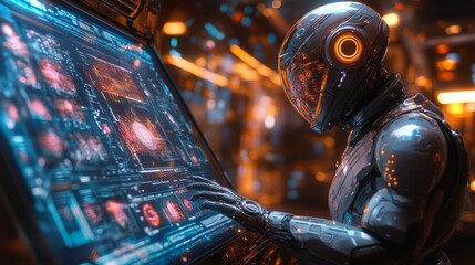 Poster - An android creates graphic designs in a futuristic studio filled with glowing technology at night