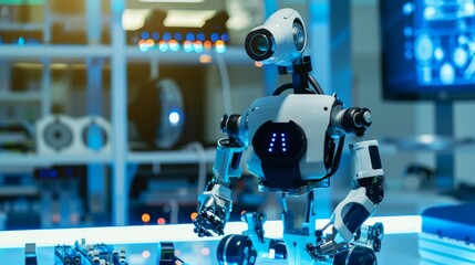 Poster - An interactive robotics lab with robot prototypes and programming tools in a futuristic environment, Robotics tools and electronic components organized, Technological photography style