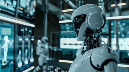Poster - An interactive robotics lab with robot prototypes and programming tools in a futuristic environment, Robotics tools and electronic components organized, Technological photography style