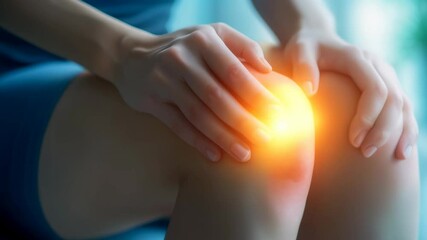 Poster - Woman experiencing intense knee pain, highlighting inflammation and discomfort, emphasizing the need for medical care