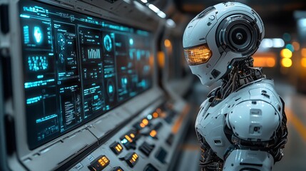 Poster - An android interacts with a holographic interface in a futuristic setting at a high-tech facility