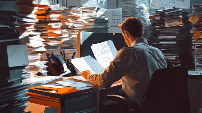 A busy professional working at a desk surrounded by paperwork, vivid tones highlighting the intense focus and office environment, captured in high detail.