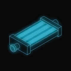 Poster - Neon radiator with two holes glowing blue on a black background