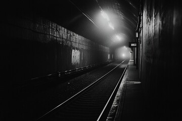 Subway train track at night with electric light