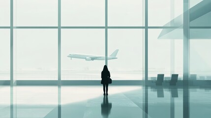Aufkleber - Businesswoman is standing alone in an airport terminal watching an airplane take off through a large window. The image evokes themes of business travel, loneliness and wanderlust