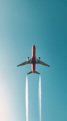 Poster - Red airplane is flying high in the blue sky, leaving two white contrails behind it, creating a captivating visual against the vast expanse