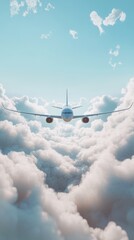 Poster - Passenger jet gracefully soars above fluffy clouds on a sunny day, offering a breathtaking view from high above, evoking freedom and adventure