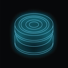 Poster - Glowing neon cylinder is standing on a dark background with concentric circles emanating from its center