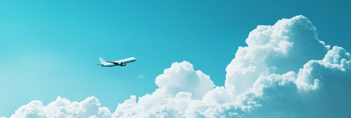 Poster - White passenger airplane soars high above fluffy clouds in a bright blue sky on a sunny day, symbolizing the freedom and adventure of air travel