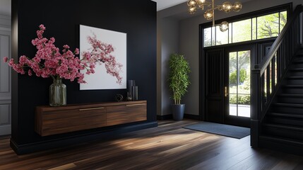 Poster - Entryway with Floating Console, Minimalist Artwork, and Dark Accent Wall