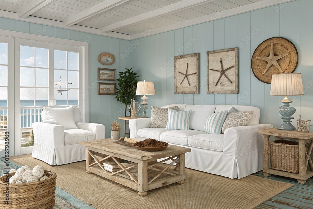 Coastal Living Room Decor Beach Style, White Sofa, Starfish Art Stock ...