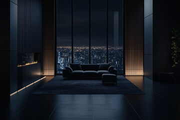 Wall Mural - A dark, modern interior of a living room with a black sofa and armchair, a city view window, night lighting, a luxurious style, a dark blue floor, wooden wall panels, a gray carpet on the ground