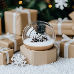 Wall Mural - A glass snow globe with pine cones and snow inside sits on a brown base surrounded by wrapped gifts and snowflakes.