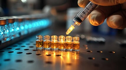 Poster - laboratory technician prepares samples with a syringe during research at a pharmaceutical facility