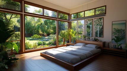 Poster - Bedroom with Floor Bed, Low Storage Unit, and Large Window Overlooking Garden