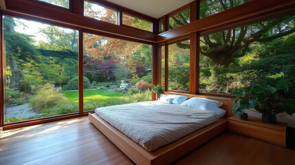 Poster - Bedroom with Floor Bed, Low Storage Unit, and Large Window Overlooking Garden