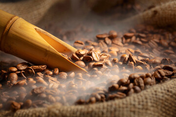 Wall Mural - Fresh roasted coffee beans in burlap bag.