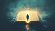 © Thiago - Man walking towards an open illuminated bible symbolizing the path of faith and enlightenment through scripture and spiritual journey. Divine. Illustration