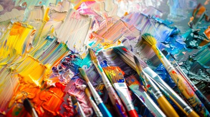 Aufkleber - An organized painting studio with brushes and paints ready, Art supplies neatly arranged, Creative workspace style