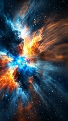Wall Mural - A close-up view of a bright nebula, filled with vibrant orange and blue colors, surrounded by countless stars