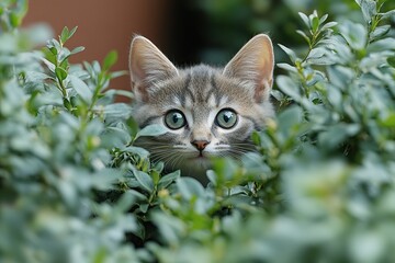 Poster - A Curious Kitten Peeking Through The Bushes