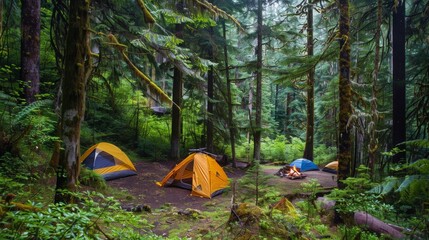 Poster - Carefully placed camping gear in a tranquil forest clearing, tents and campfire equipment arranged with precision, Wilderness camping style