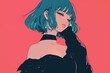 © Whiteney - Anime Illustration. Elegant Anime Portrait of Girl with Blue Hair on Pink Background