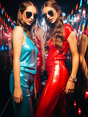 Wall Mural - Two fashion-forward women wearing glossy red and blue dresses with sunglasses, set against a colorful, reflective backdrop.