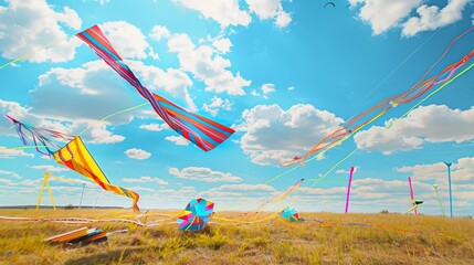 Aufkleber - Meticulously organized kite flying setup in a breezy open field, colorful kites and strings laid out ready for flying, Whimsical outdoor style