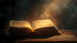 © Thiago - Bible an open bible on a wooden table emits light against the background of ancient parchment. Divine. Illustration