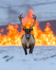 Wall Mural - A reindeer walks towards the camera in the snow with a fire burning in the background.