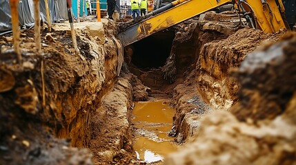Poster - Deep Construction Trench with Excavator and Workers at Active Building Site : Generative AI