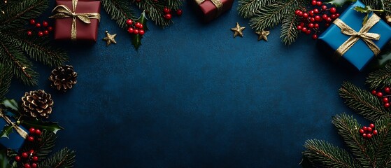 Aufkleber - Festive Christmas Background with Red and Blue Gifts and Pine Decorations : Generative AI