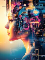 Leinwandbilder - Futuristic digital artwork depicting a female profile with electronic circuits : Generative AI