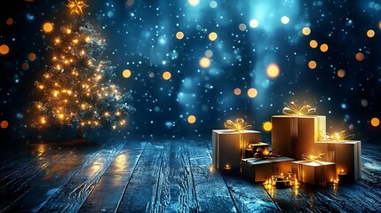 Poster - Enchanting Winter Scene with Twinkling Christmas Tree and Wrapped Gifts : Generative AI